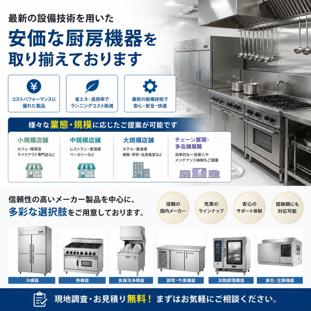 安価な厨房機器の豊富なラインアップ